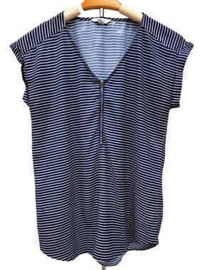 Express Blue White Striped V-neck Blouse Breathable Flowy Relaxed Lightweight MD